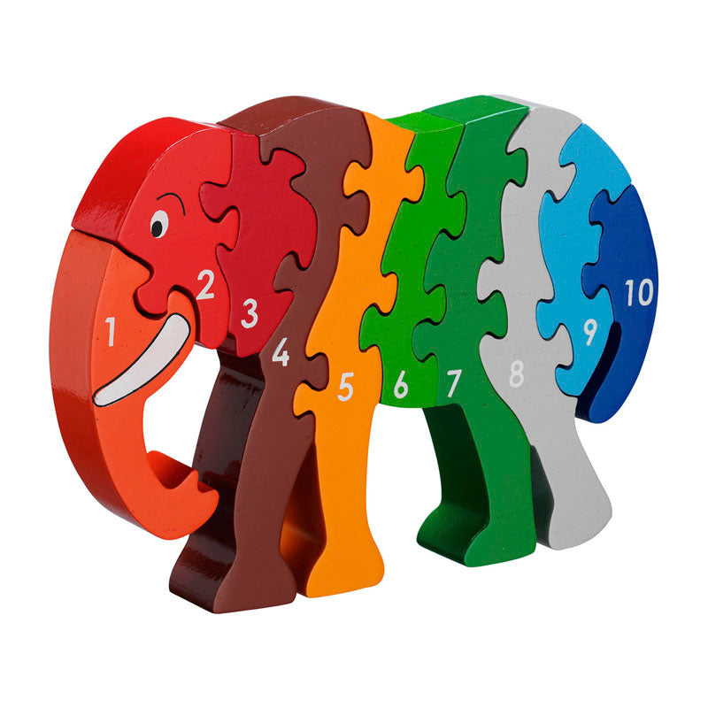 A multicoloured elephant shaped wooden jigsaw with 10 numbered parts.