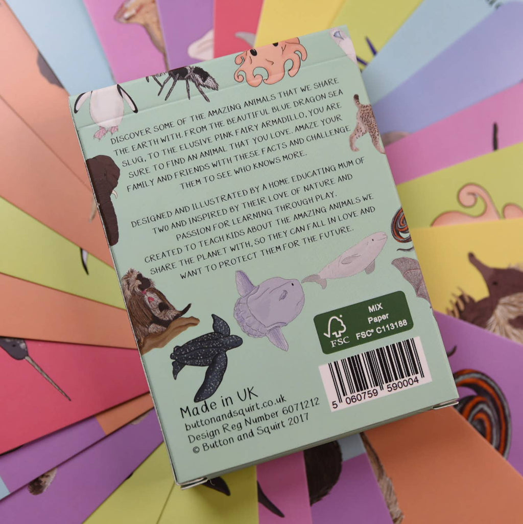 Back of a children's card box with animal illustrations on a colorful background