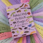 Pack of 'Amazing British Bugs ID Cards' on a colorful background with insect illustrations.