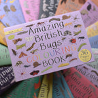 Colorful 'Amazing British Bugs Colouring Book' with illustrations of insects on a stack of similar books.