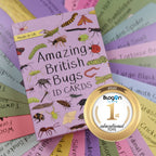 Book titled 'Amazing British Bugs ID Cards' with a gold medal on a colorful background