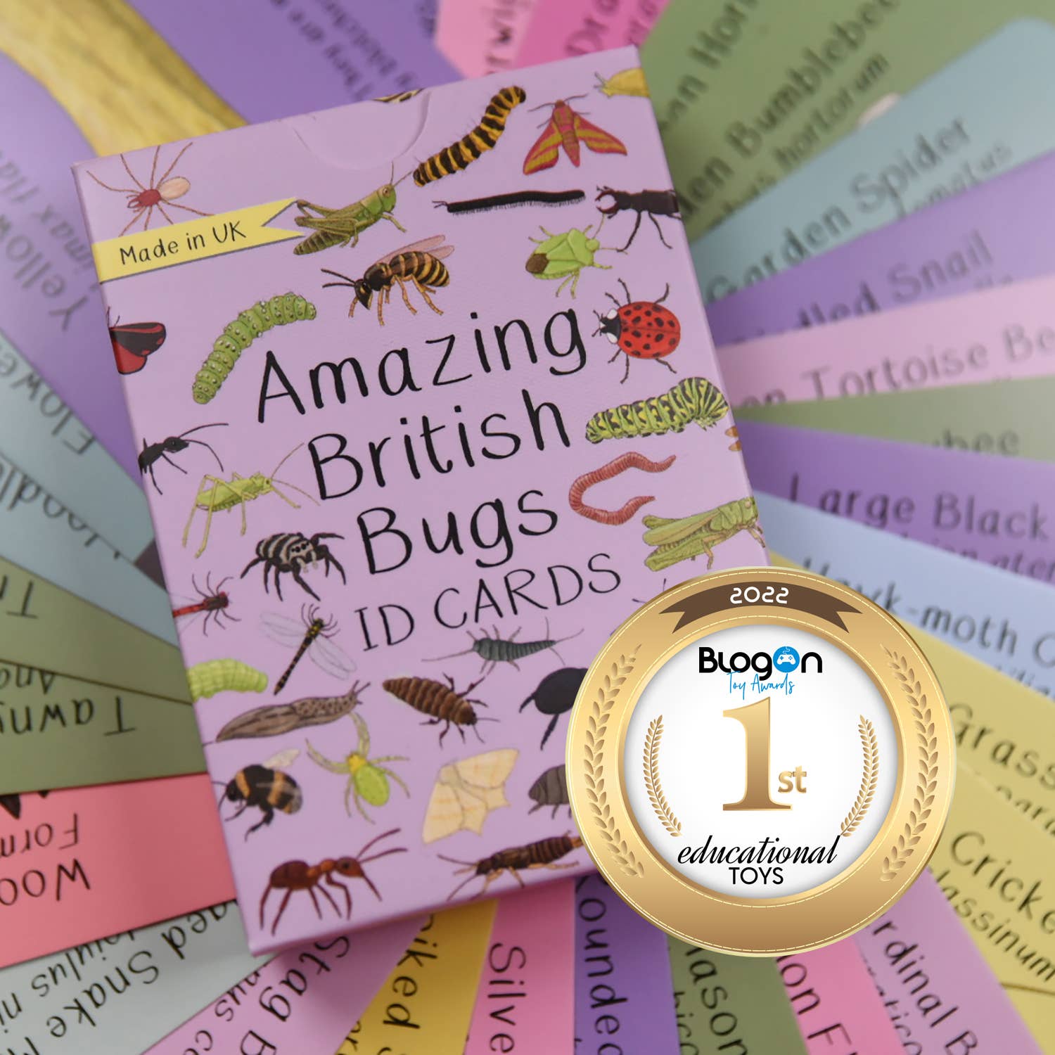 Book titled 'Amazing British Bugs ID Cards' with a gold medal on a colorful background