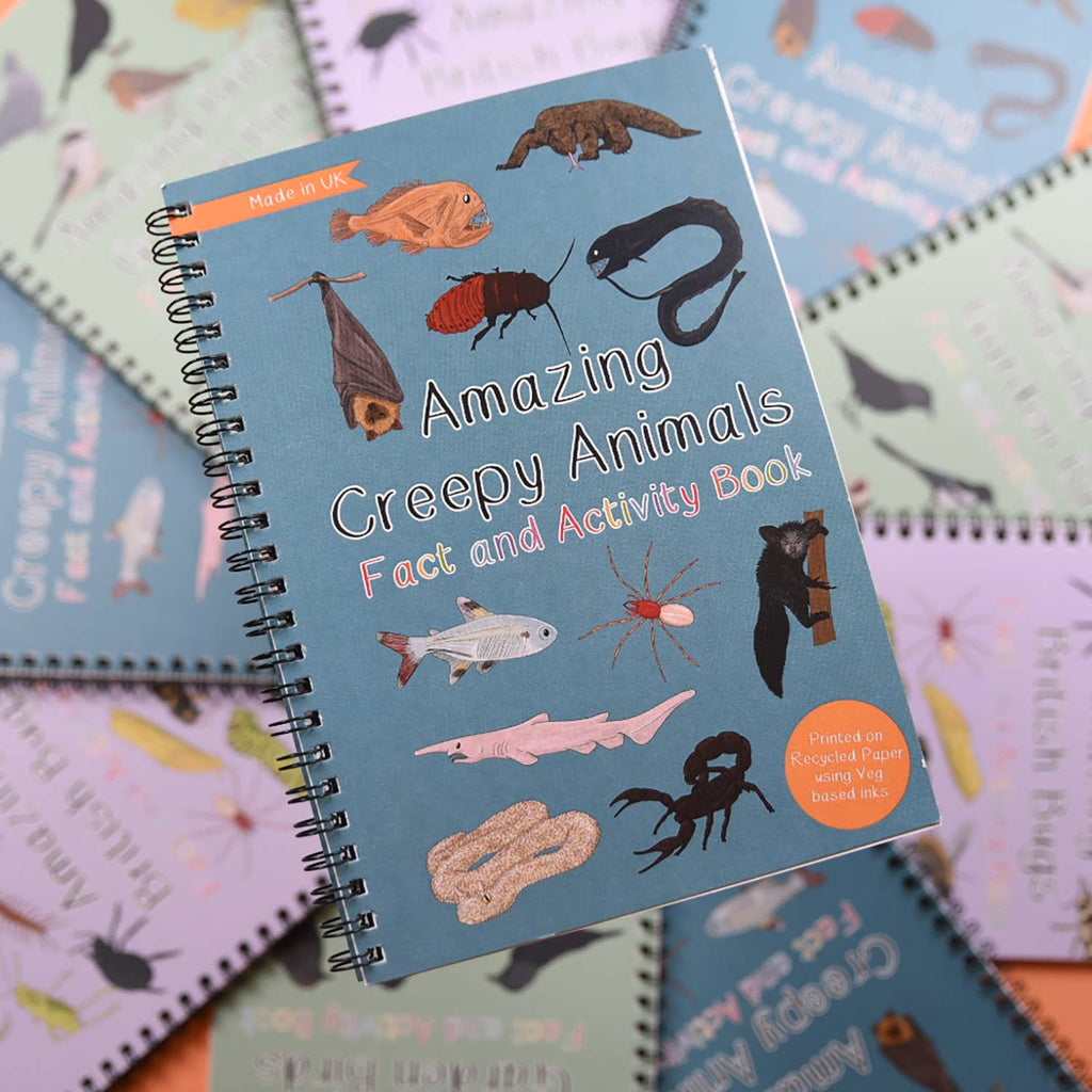 Notebook titled 'Amazing Creepy Animals Fact and Activity Book' with illustrations on a colorful background.