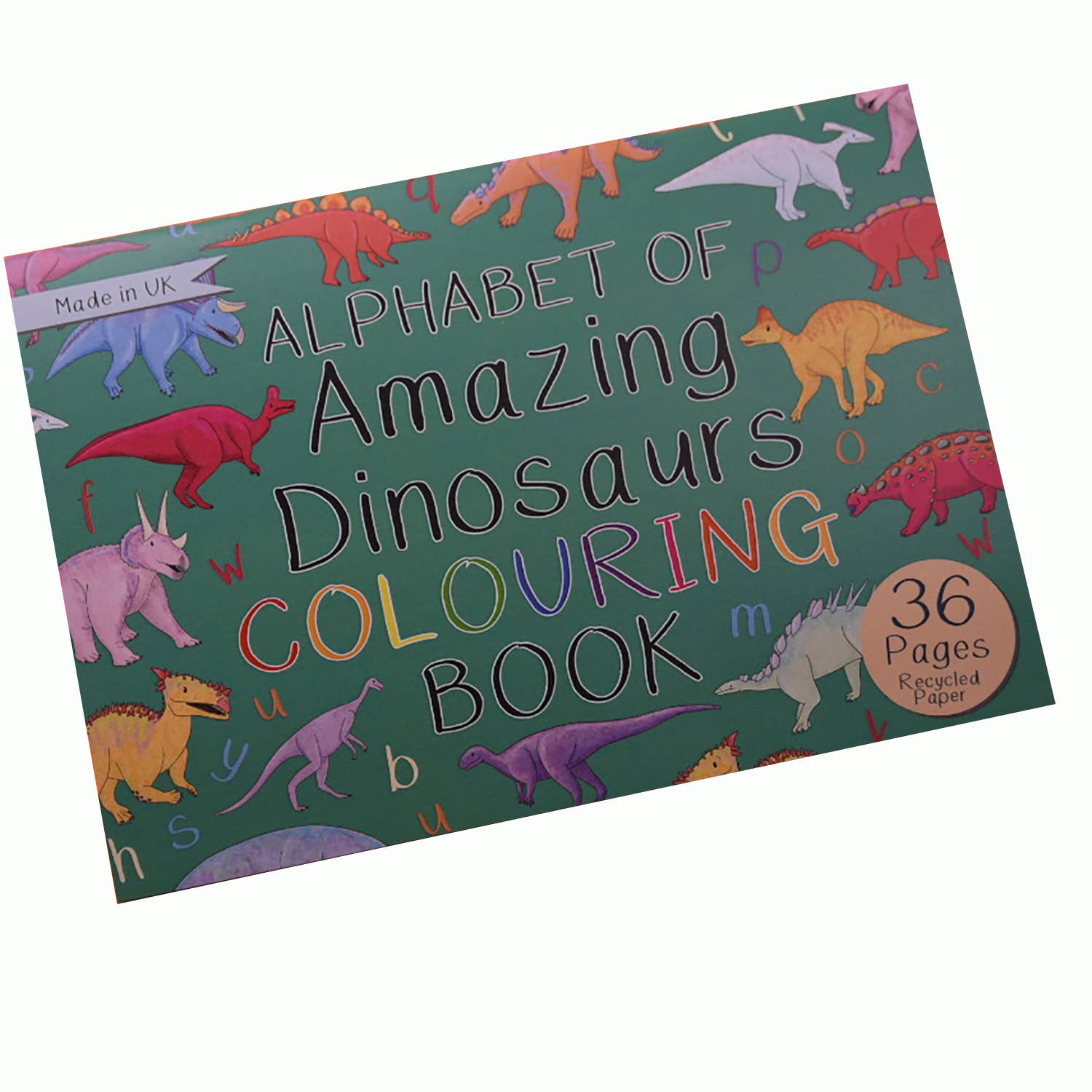 Colouring book titled 'Alphabet of Amazing Dinosaurs' with dinosaur illustrations on a green background.