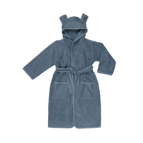 A bathrobe in a blue spruce colour with bear ears on the hood. 