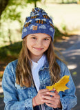 Child hat in blue with bee design all around, bobble on the top