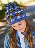 Child hat in blue with bee design all around, bobble on the top