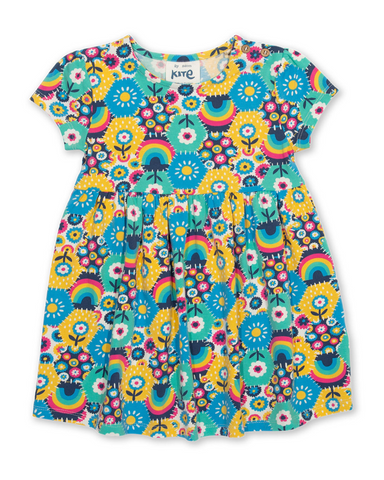 Patchwork planet dress in bright colours with flower design all over 