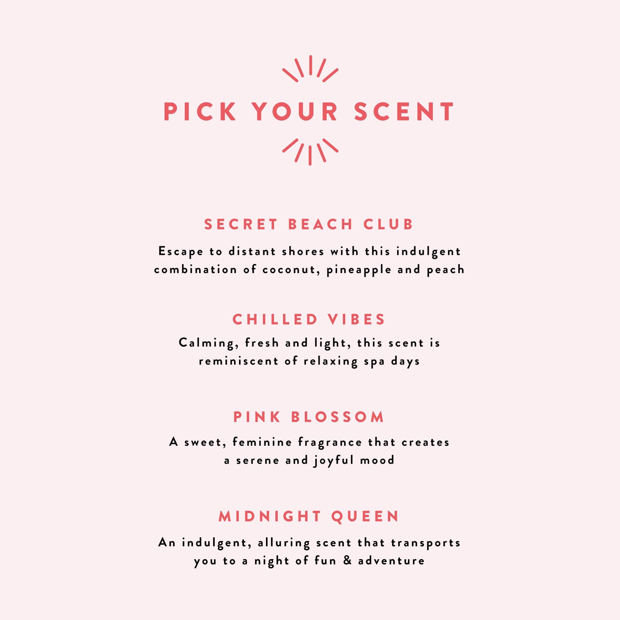 Fragrance selection options with descriptive text on a white background.
