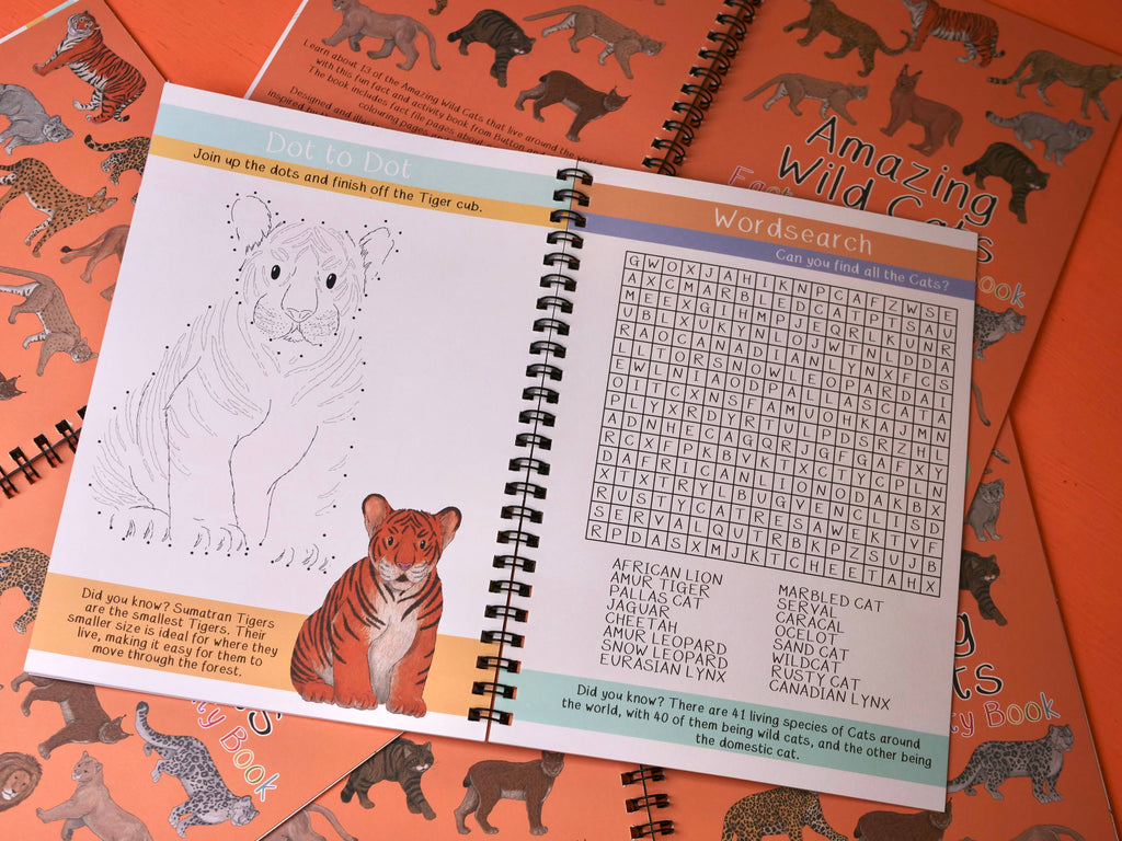 Children's activity book with coloring page and word search on an orange background