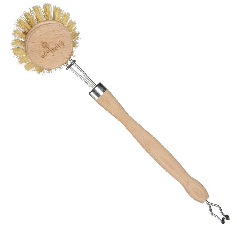 A dish brush with a wooden handle and plant-based bristles.