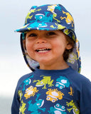 Blue sun hat with frogs all over has neck protector.