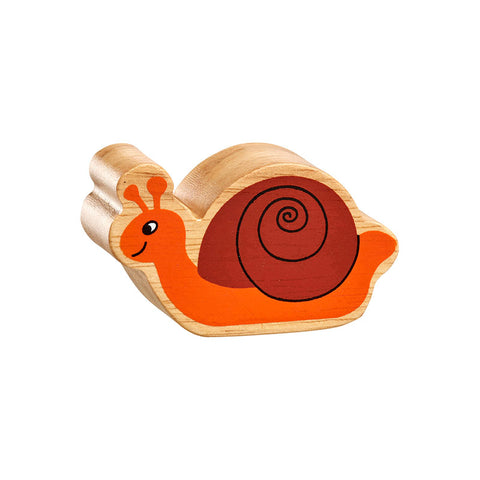 Wooden brown and orange snail figure