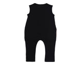 Black relaxed dungarees with two fur pockets on the front