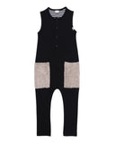 Black relaxed dungarees with two fur pockets on the front