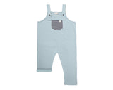 Marine colour dungarees with a stripy pocket on the front 