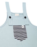 Marine colour dungarees with a stripy pocket on the front 