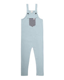 Marine colour dungarees with a stripy pocket on the front 