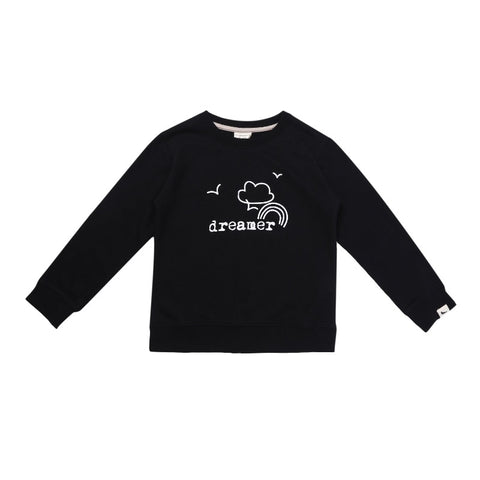 Black sweatshirt with dreamer written across the front in white