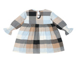 Large Check woven dress in blue tones with long sleeves. organic cotton