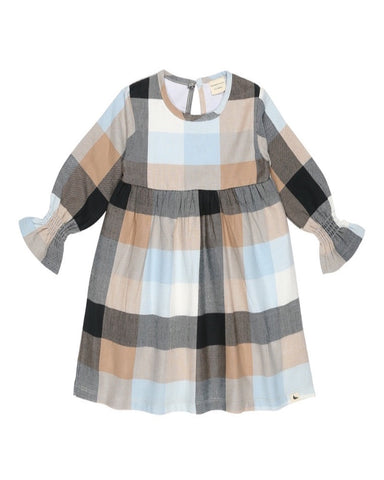 Large Check woven dress in blue tones with long sleeves. organic cotton