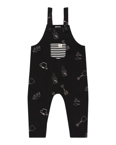 Black dungarees with a white sew and grow all over print