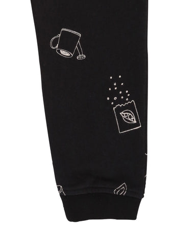 Sew and grow print joggers, black with white decoration.