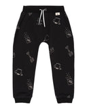 Sew and grow print joggers, black with white decoration.