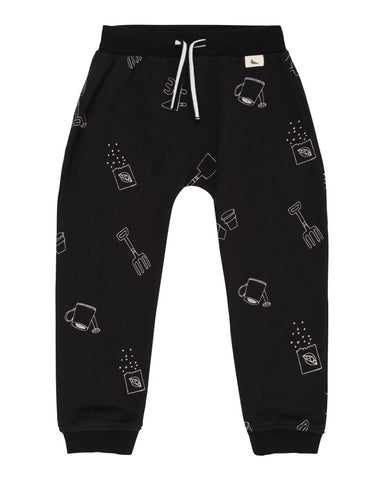 Sew and grow print joggers, black with white decoration.