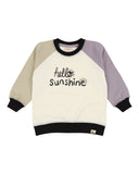 Hello sunshine sweatshirt with a purple and green sleeve