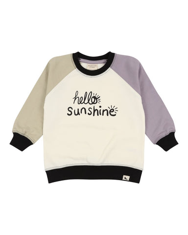 Hello sunshine sweatshirt with a purple and green sleeve