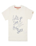 White short sleeve organic cotton tshirt with lets go see the sea printed across the front